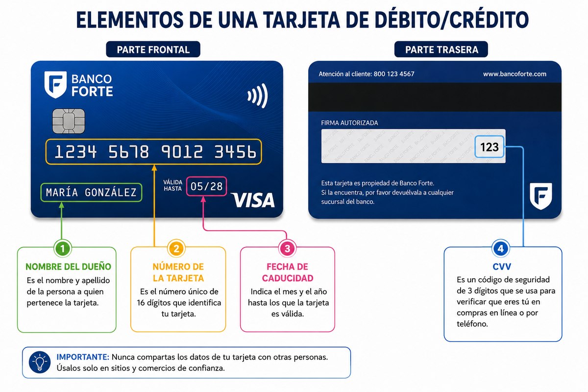 Elementos de una tarjeta de débito o crédito: número de tarjeta, fecha de caducidad y CVC